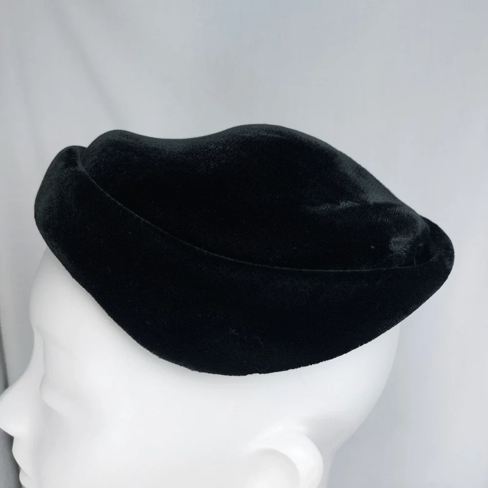 Vintage 1950's Womens Pillbox Hat Black Velvet Removable Modesty Veil Sz Large